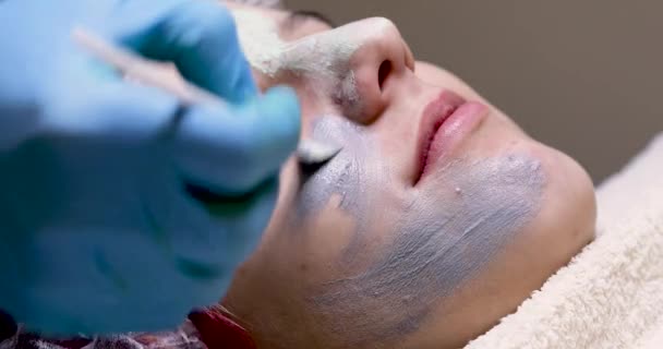 Cosmetólogo Aplica Una Máscara Gris Médica Con Cepillo Cara Una — Vídeo de stock