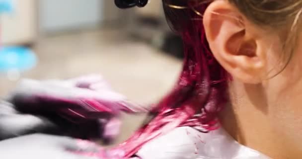 Close Hairdresser Hand Paints Strand Hair Bright Pink Horizontal — Stock Video