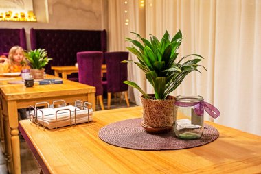 Mor koltukları ve yeşil renkli ahşap masaları olan modern moda bir iç mekan. Yatay