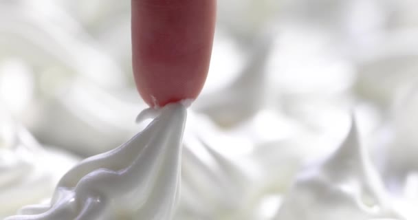 Index Finger Child Tries Meringue Has Yet Been Placed Oven — Stock Video