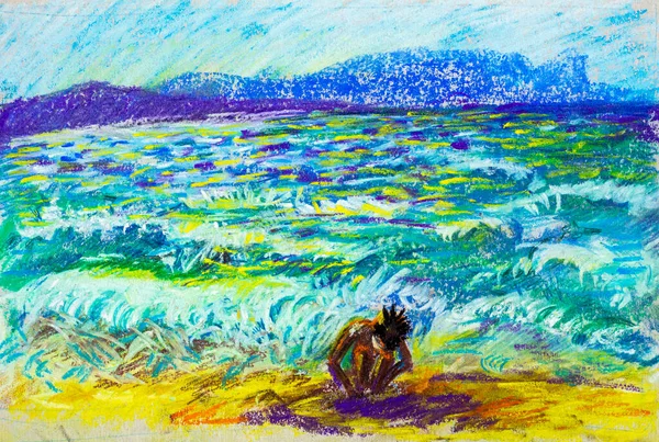 hand drawn with pastel pencils illustration of a boy playing with sand on a sandy beach at the sea with waves on a sunny day