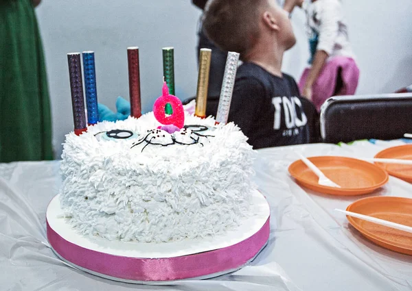 Belo Bolo Forma Gato Aniversário Uma Criança Com Número Festa — Fotografia de Stock