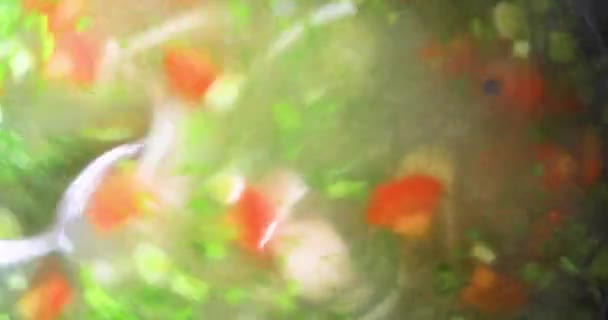 鸡汤配蔬菜和青菜 — 图库视频影像