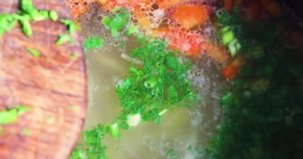 Häll Grönt Från Brädet Kokande Kyckling Buljong Med Grönsaker — Stockvideo