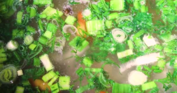Абстрактный Фон Овощного Кипящего Супа Травами Вид Сверху — стоковое видео