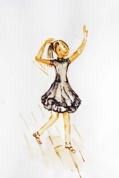 Ескіз Маленької Дівчинки Танцюриста Чорній Сукні Танцює Вальс Соло Акварельна — стокове фото