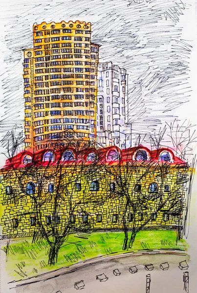 sketch of a residential high-rise building in Kyiv, the capital of Ukraine. urban landscape. watercolor illustration