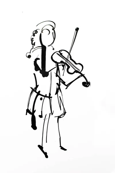 バイオリンを弾いている少女バイオリニスト 手描き黒インクスケッチイラスト — ストック写真