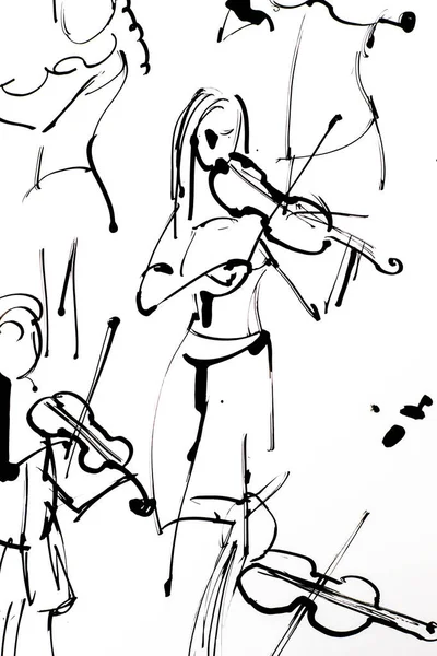Boceto Una Violinista Tocando Violín Ilustración Pintada Mano Tinta Negra — Foto de Stock