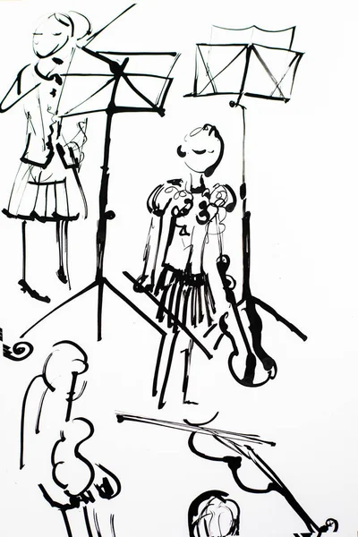Эскиз Девочек Скрипачек Играющих Скрипке Покрашенная Вручную Чернильная Иллюстрация — стоковое фото
