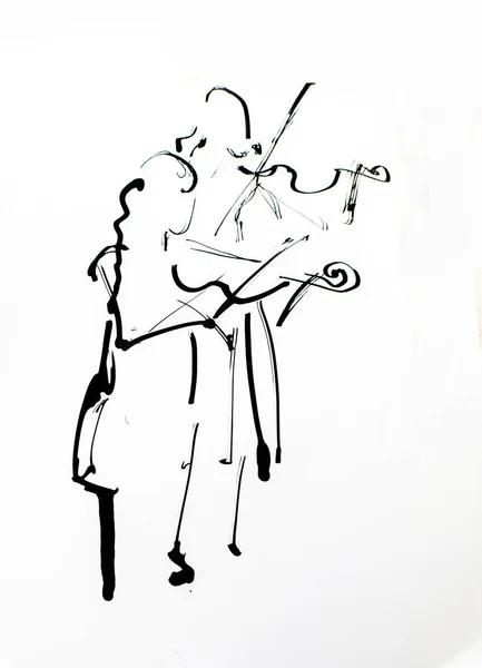 Стилизованный Рисунок Маленьких Девочек Скрипачек Играющих Скрипке Ручной Чернильный Рисунок — стоковое фото