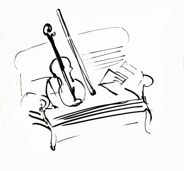 Скрипка Бантиком Диване Покрашенная Вручную Чернильная Иллюстрация — стоковое фото