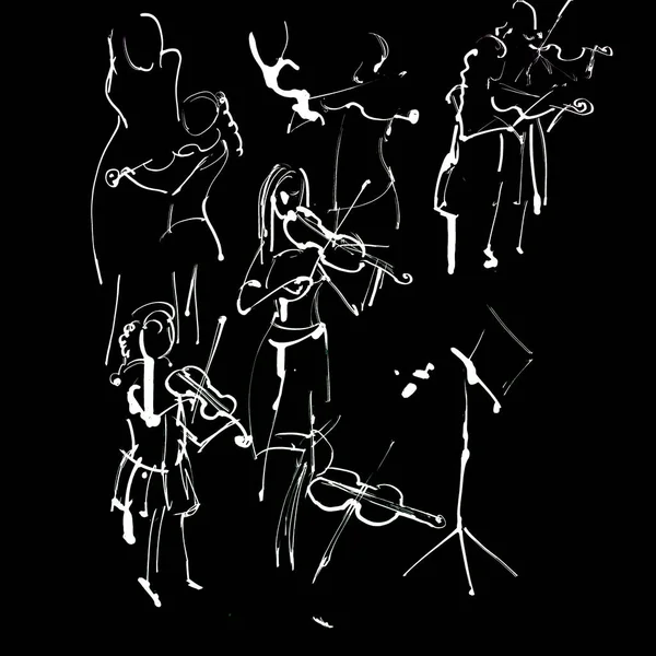 Violinisti Che Suonano Violino Sfondo Nero Illustrazione Inchiostro Bianco Disegnato — Foto Stock