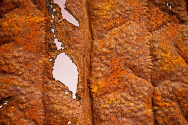 Soyut doğal desenli, paslı metal delikli kırmızı arkaplan