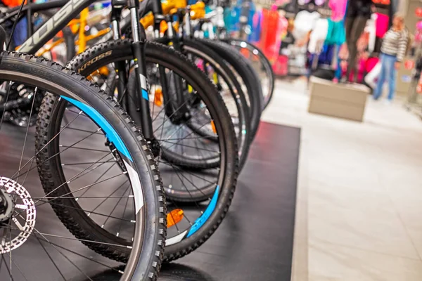 close-up of bicycles in a sports shop lined up in a row