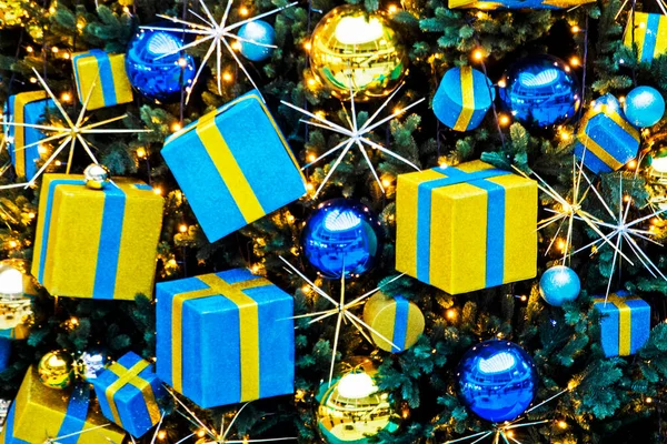 Christmas Background Blue Yellow Holiday Gifts Christmas Tree Support Ukraine — Stock Photo, Image