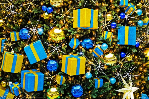 Blue Yellow Holiday Gifts Christmas Tree Support Ukraine — Stock Photo, Image