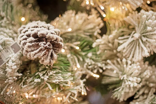 Cones Pinheiro Nos Ramos Uma Árvore Natal Polvilhada Com Neve — Fotografia de Stock
