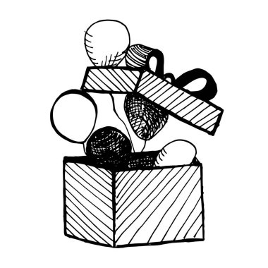 İçinde balonlar olan siyah beyaz bir hediye kutusunun çizimi. Her gün tatil vektörü