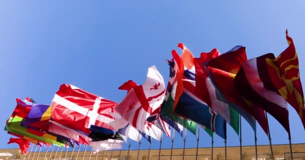 Flaggor Från Alla Länder Mot Bakgrund Den Blå Himlen Fladdrar — Stockvideo