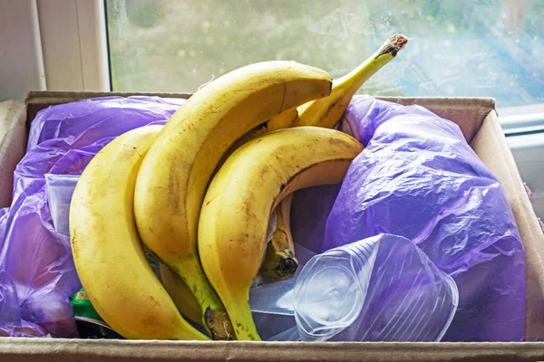 ripe banana in disposable plastic bags. environmental ecologists.