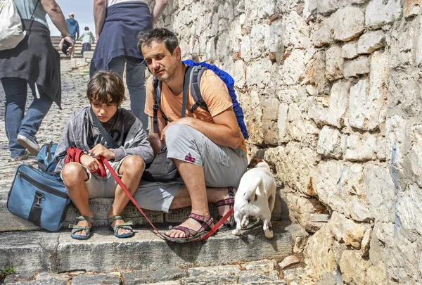 father with son and dog Jack Russell Terrier resting on the steps. Family holidays during school holidays