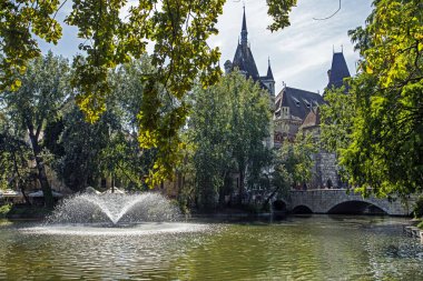 Öğle vakti güneşli bir günde göl kenarında Budapeşte kalesi. Avrupa gezisi