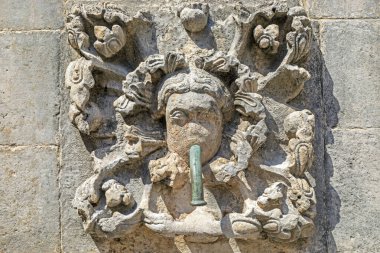 Çiçek desenli bir çeşmenin yakın çekimi ve ortasında bakır bir musluk olan bir kafa.