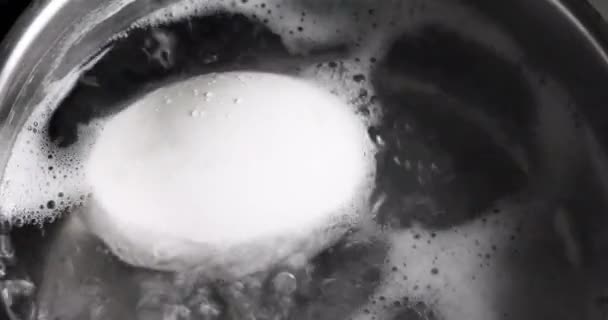 Крупный План Кипячения Белого Яйца Кастрюле Кипяченой Воде — стоковое видео