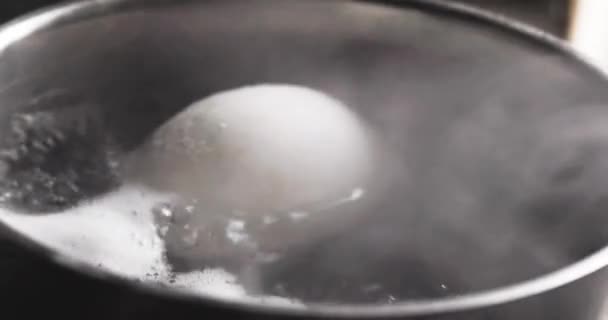 Варить Одно Белое Куриное Яйцо Кастрюле Кипяченой Воде Завтрак — стоковое видео