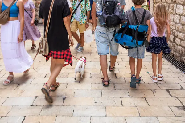 Köpekli bir aile eski kasabadan geçiyor. Avrupa 'yı dolaşmak