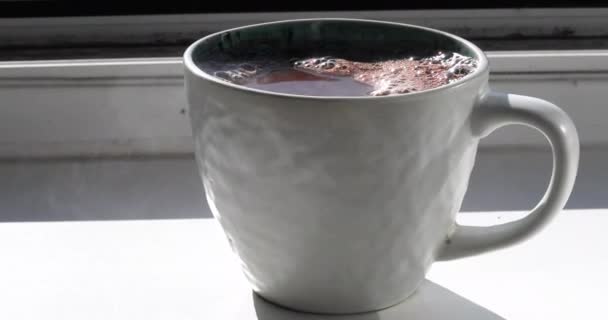 Sabahları Pencerenin Yanındaki Pencere Pervazında Bir Fincan Sıcak Çikolata Duruyor — Stok video