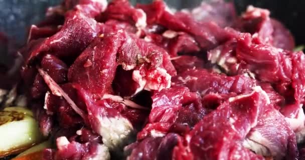把肉切碎 放在一个有蔬菜的煎锅里 家庭晚餐 — 图库视频影像
