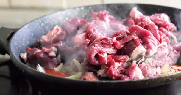 Cocinar Carne Cortada Trozos Con Cebollas Zanahorias Una Sartén Cena — Vídeo de stock