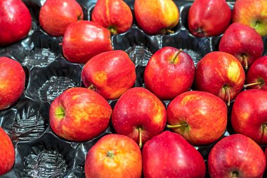 Kırmızı elmalar süpermarkette bir konteynırda yatıyor.