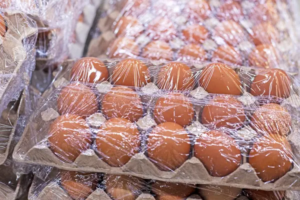 Çiftlik tavuğu kahverengi yumurtaları plastik filmle tezgahın üstünde.