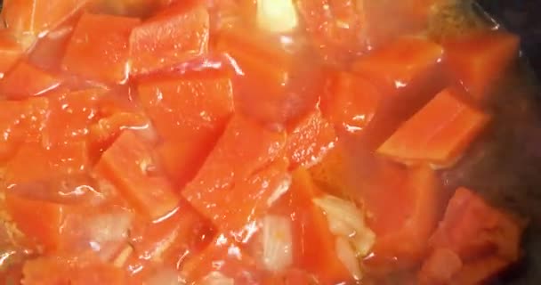 Elkészíti Vegán Zöldséglevest Sütőtökkel Fokhagymával Egyéb Zöldségekkel Egészséges Táplálkozás Táplálkozás — Stock videók