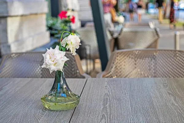 stock image rose flower in a vase on a table in a street cafe. modern decoration