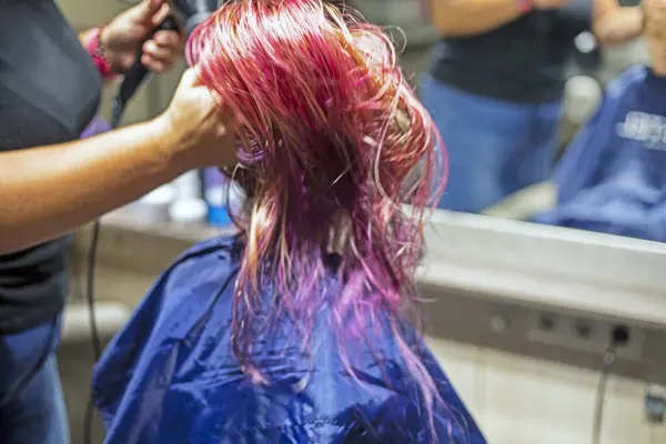 stock image stylist blow-dries wet bright pink and purple hair. stylish hairstyles