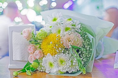 bouquet of beautiful flowers on the table. Good morning. Have a nice day. Congratulations clipart