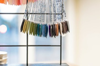 Yumuşak toprak renkleri, şık bir manikür yapmak için tırnak örneklerini gölgeler. stil ve moda