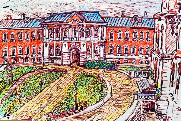 Jelgava 'daki sarayın el yapımı mürekkep ve kalem çizimi. Şehir mimarisi