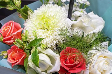 Bir buket pembe çiçek açan gül ve kasımpatı. Kadınlar Günü