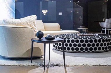Moda döşenmiş mobilyaları olan şık bir iç mekan.