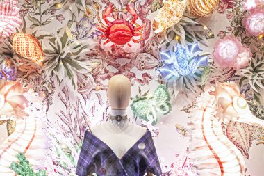 Ortasında kadın bir manken olan şık bir vitrin.