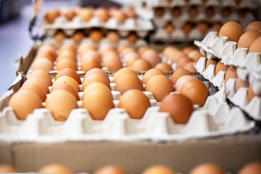 Bir süpermarkette tezgahın üzerinde üst üste istiflenmiş büyük karton kaplarda tavuk kahverengi yumurtalar. Çiftlik. Paskalya hazırlığı