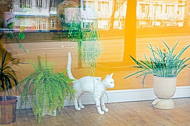 toy cat between green houseplants in a shop window clipart