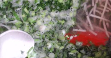 Haşlanmış tavuk çorbası, üzerine yeşil soğan serpiştirilmiş erişte ve bir kaşıkla dereotu.