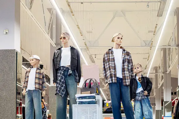 Aile mağazasında mankenlerin üzerindeki şık kıyafetler.