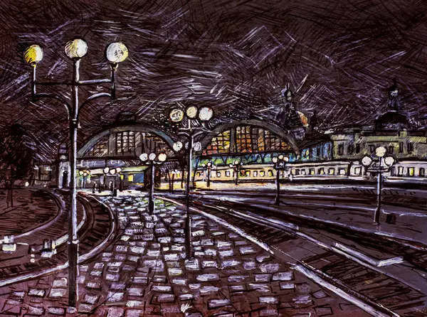 Gece tren istasyonunun mürekkep ve beyaz elle çizilmiş bir resmi. Seyahat